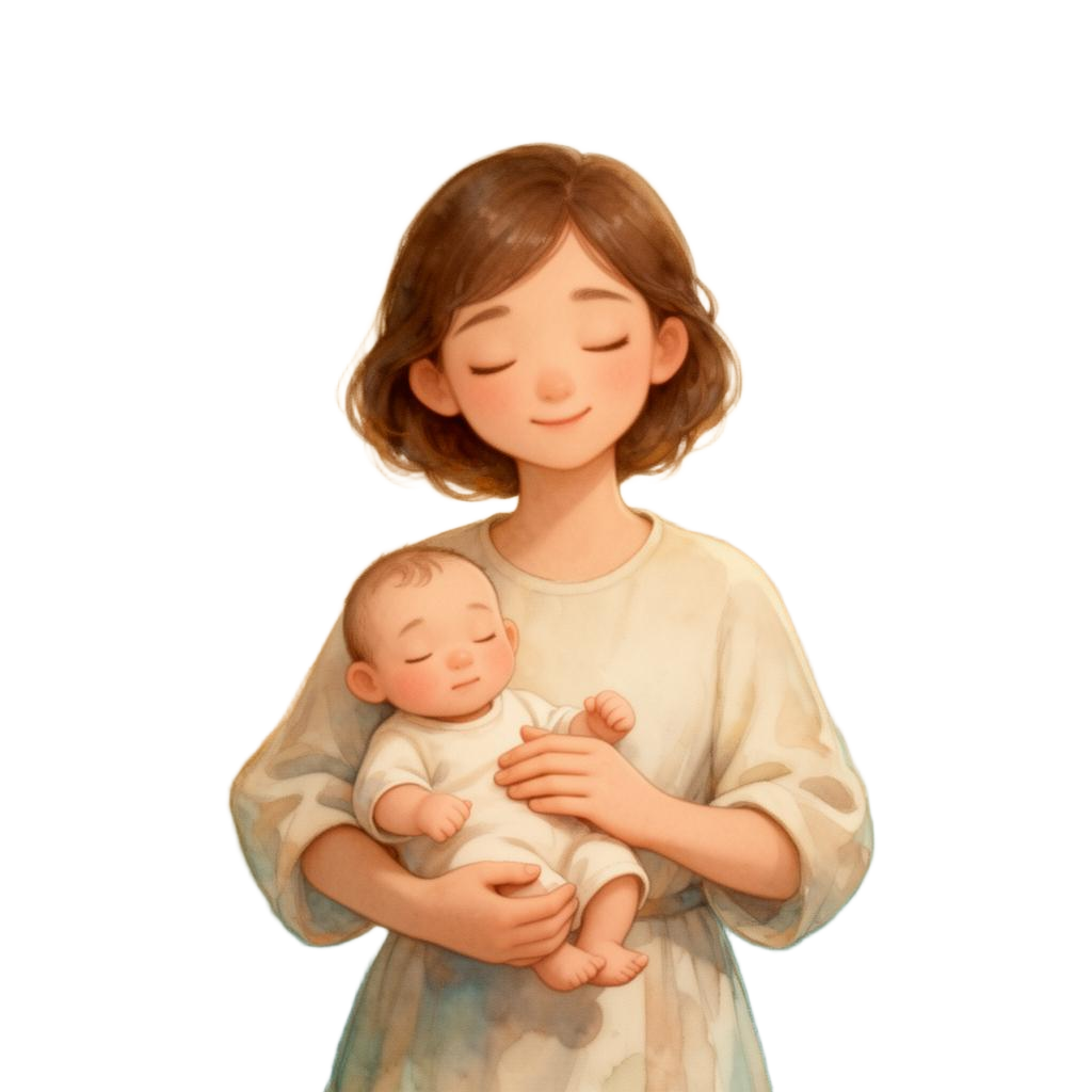 A mother gently holding her baby, eyes closed in a quiet moment